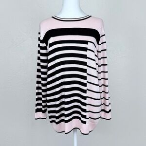 St. John Cashmere Viscose Blend Crewneck Pink & Black Striped Sweater Size L